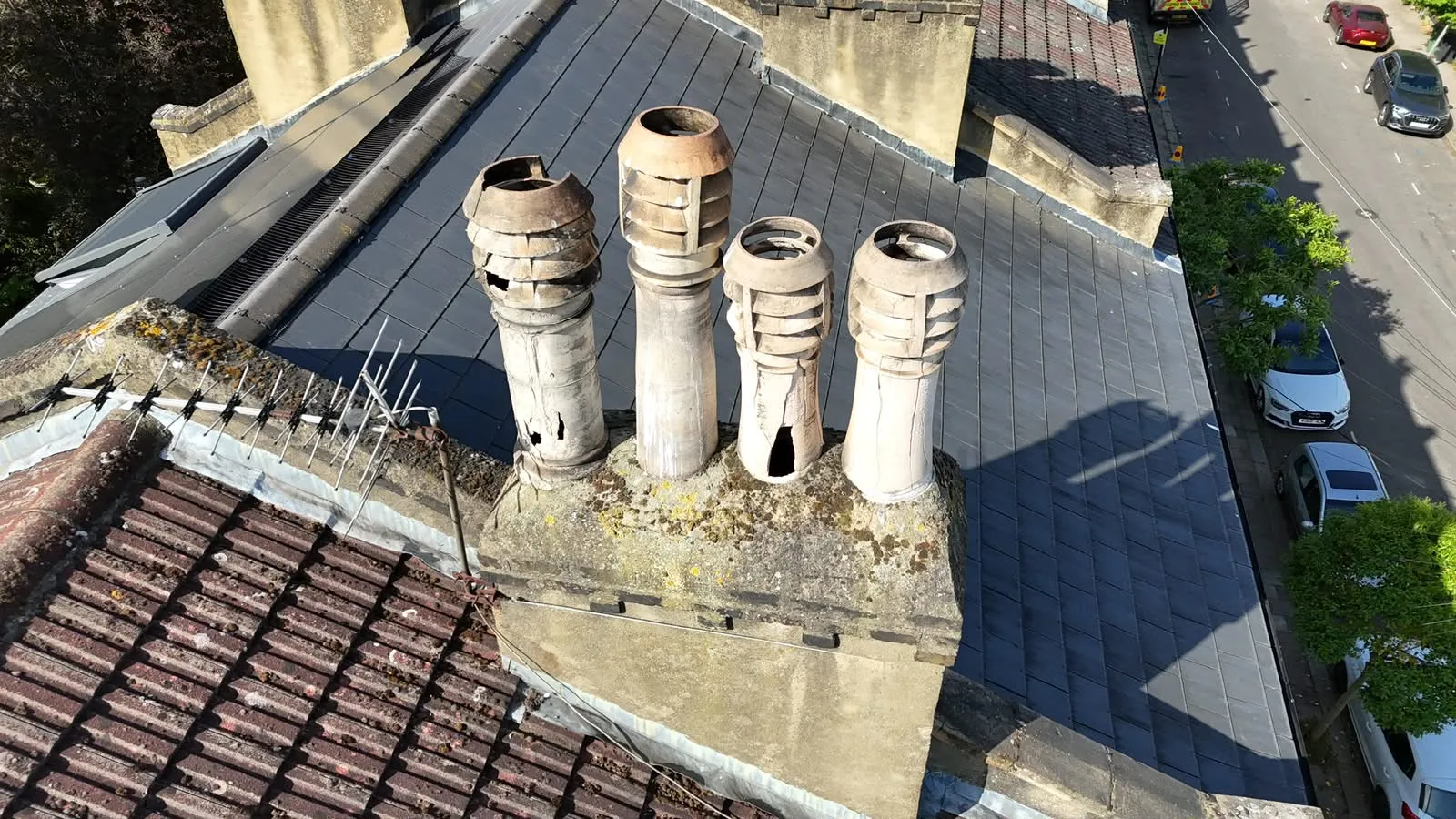 South Surveyors drone inspection of chimney stacks and slate roof coverings in South London