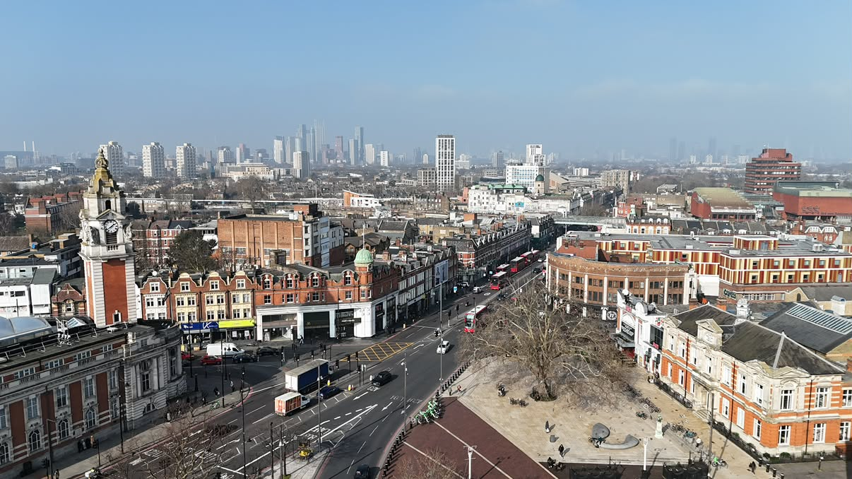 South London town centre and surrounding residential neighbourhoods viewed from above