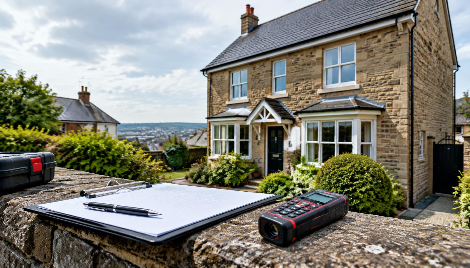 Home survey equipment set outside a conventional British property