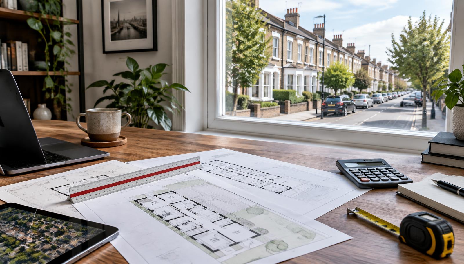 Property plans and measuring tools prepared for an independent valuation report
