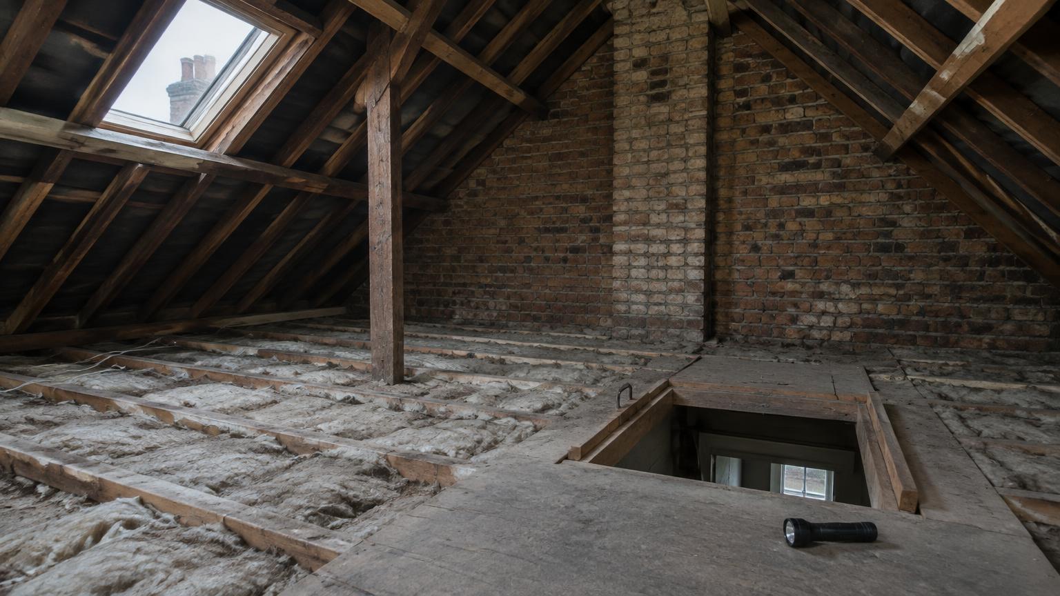 Unconverted loft with timber rafters, insulation and a brick party wall