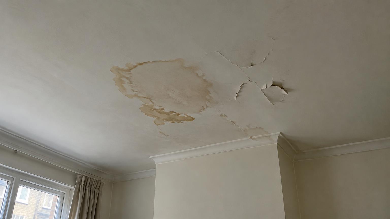 Water stain and flaking paint on a bedroom ceiling beside a chimney breast