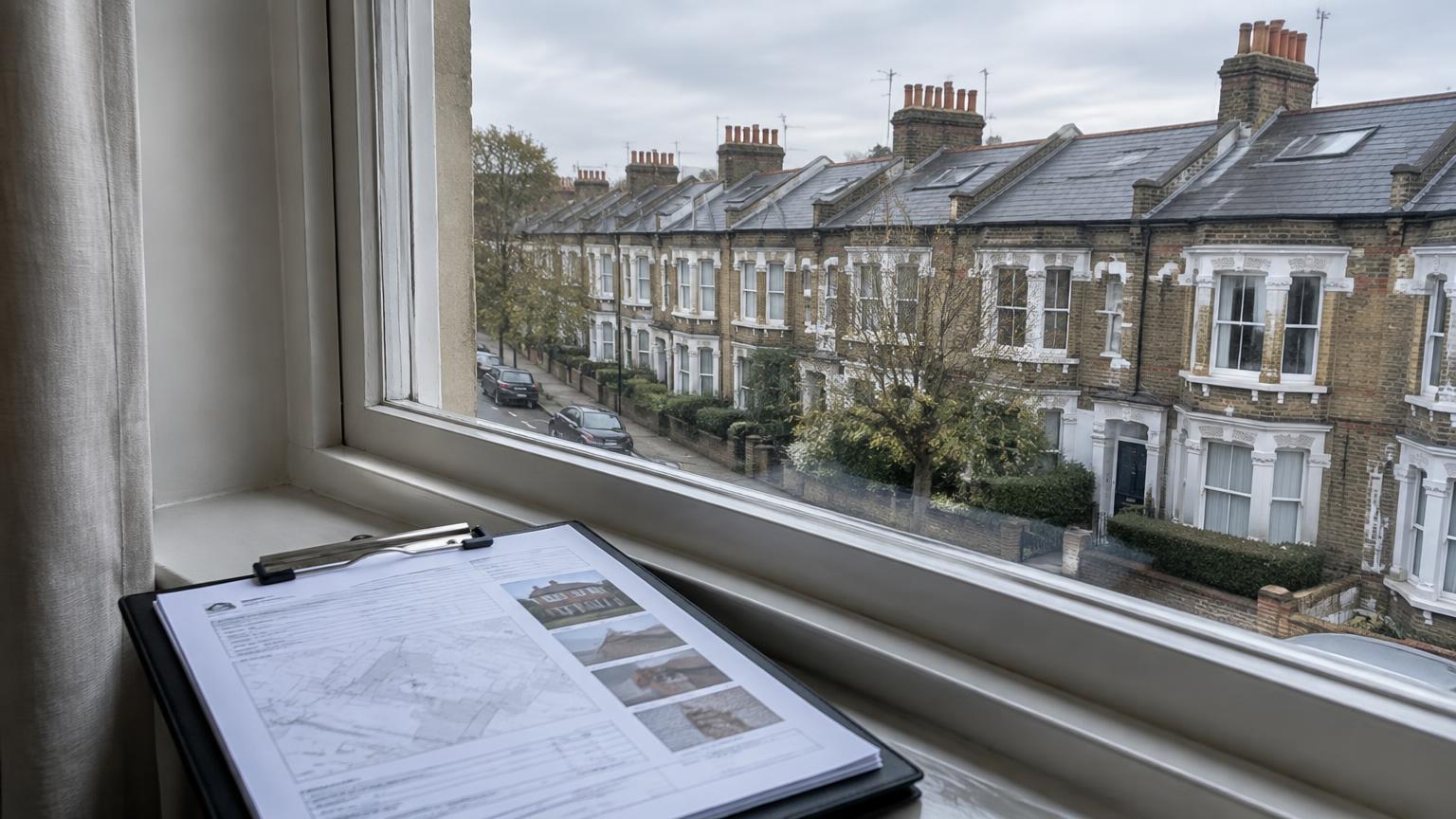 Survey report on a windowsill overlooking a London Victorian terrace