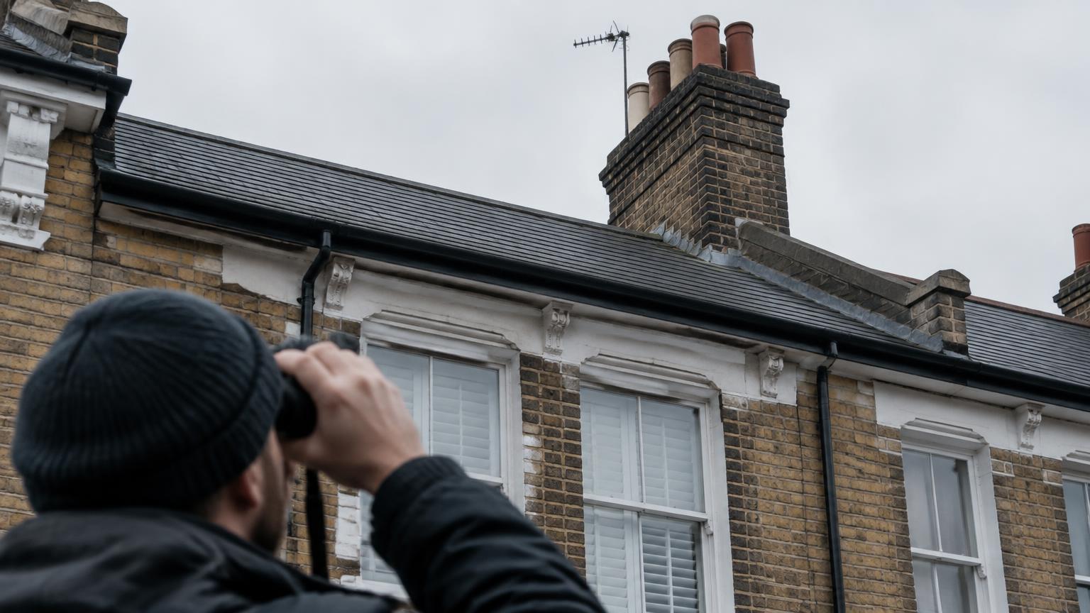 Surveyor using binoculars to check a slate roof and chimney from the street