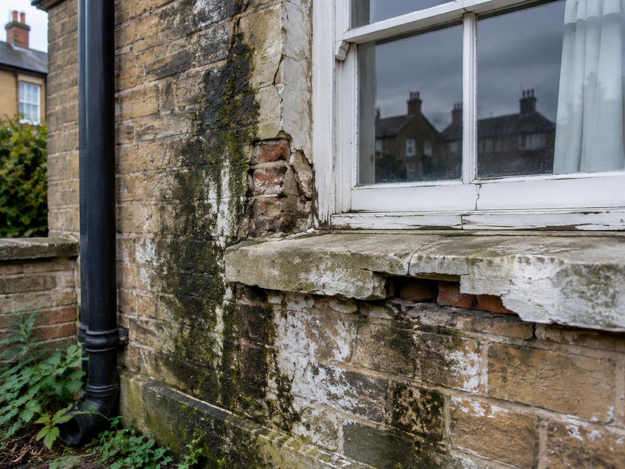Deteriorated masonry and rainwater goods requiring urgent property attention