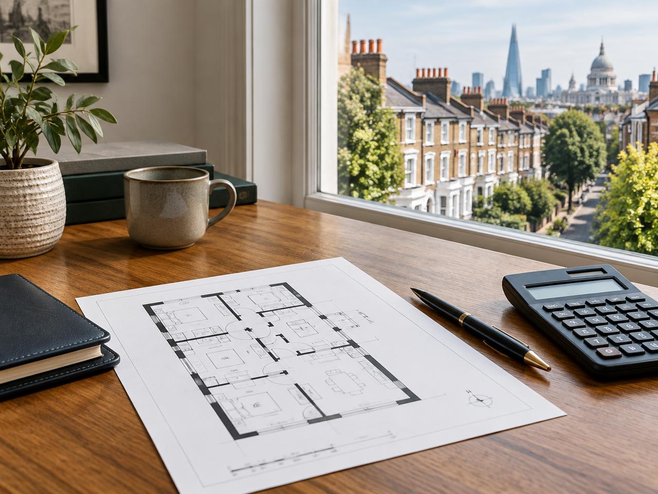Property plans and measuring tools prepared for an independent valuation report