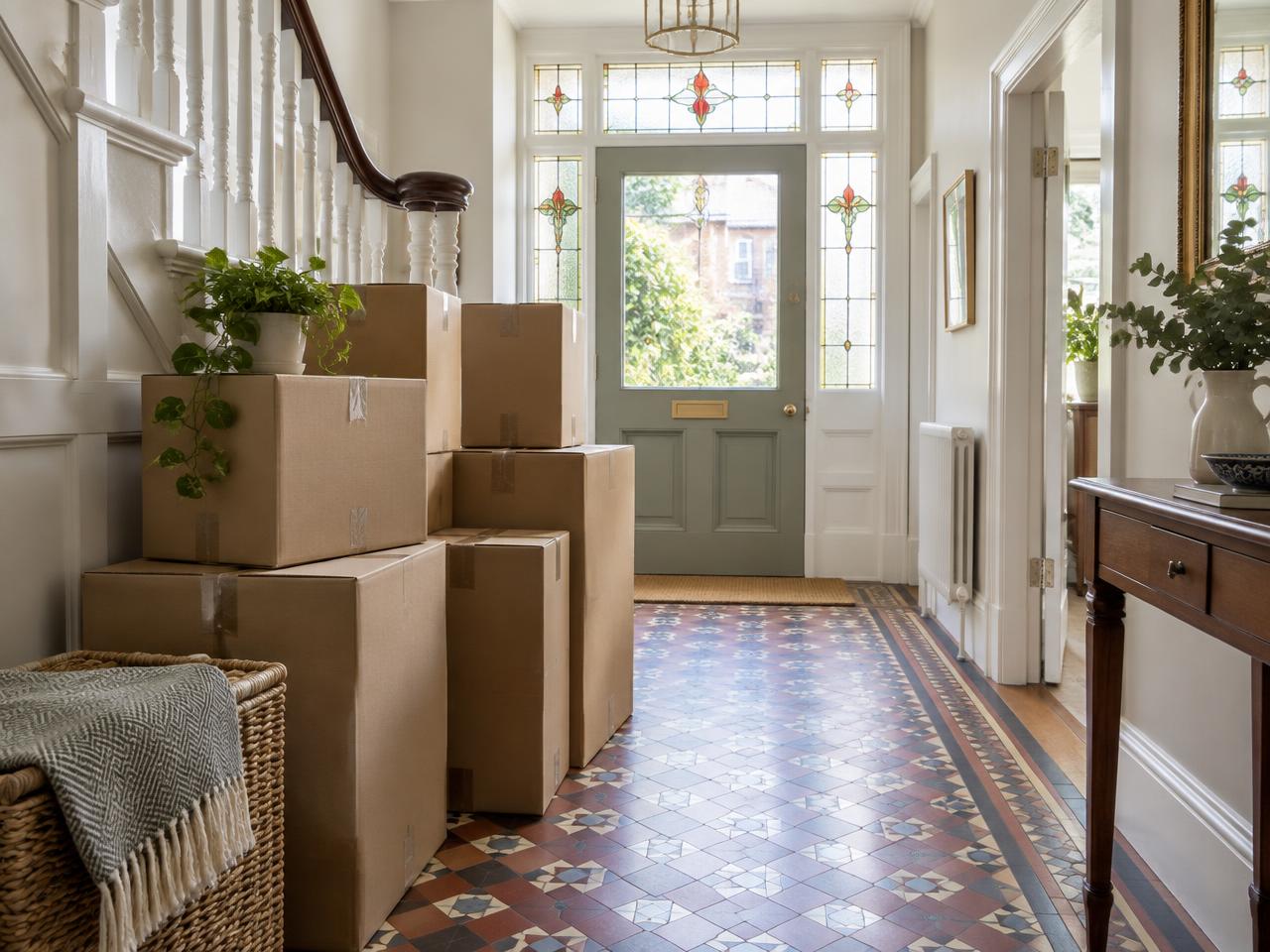 Packed moving boxes in a refined British home ready for a move