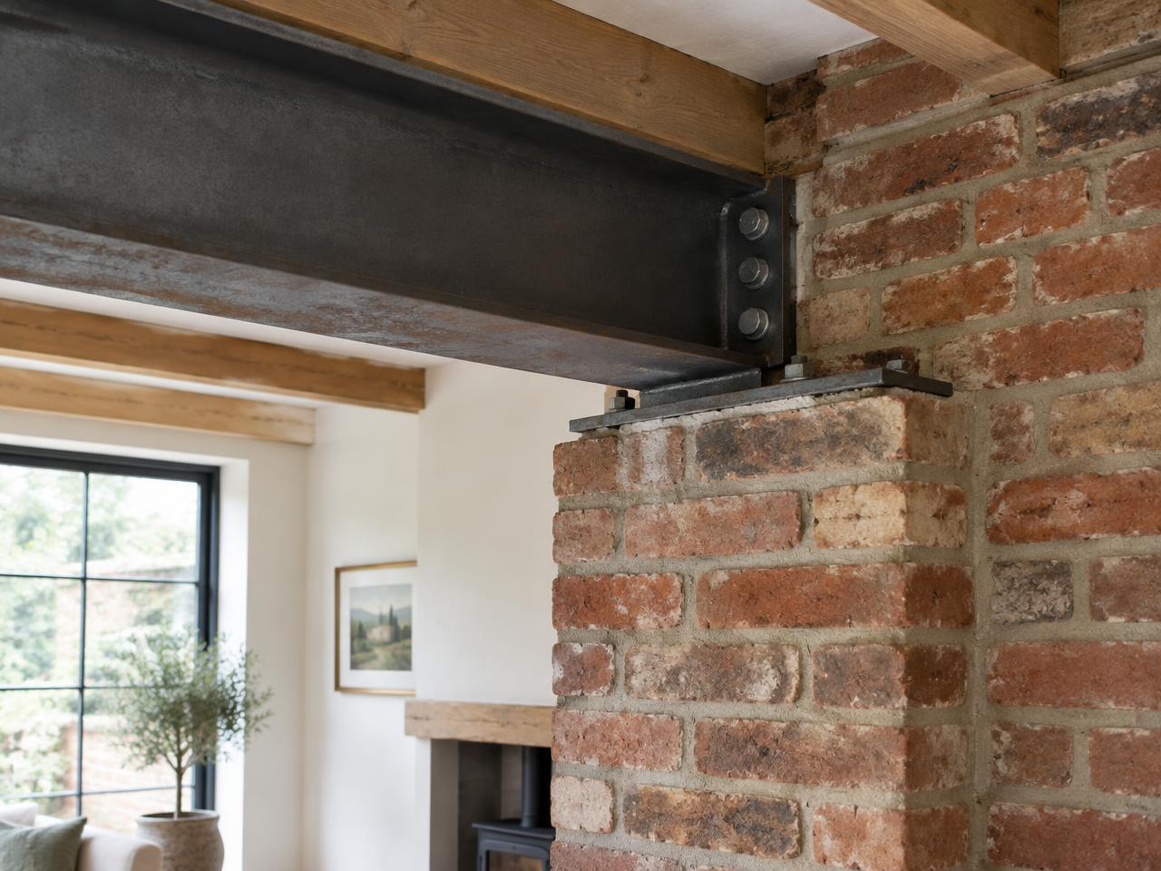 Exposed structural framework and connections in a residential building