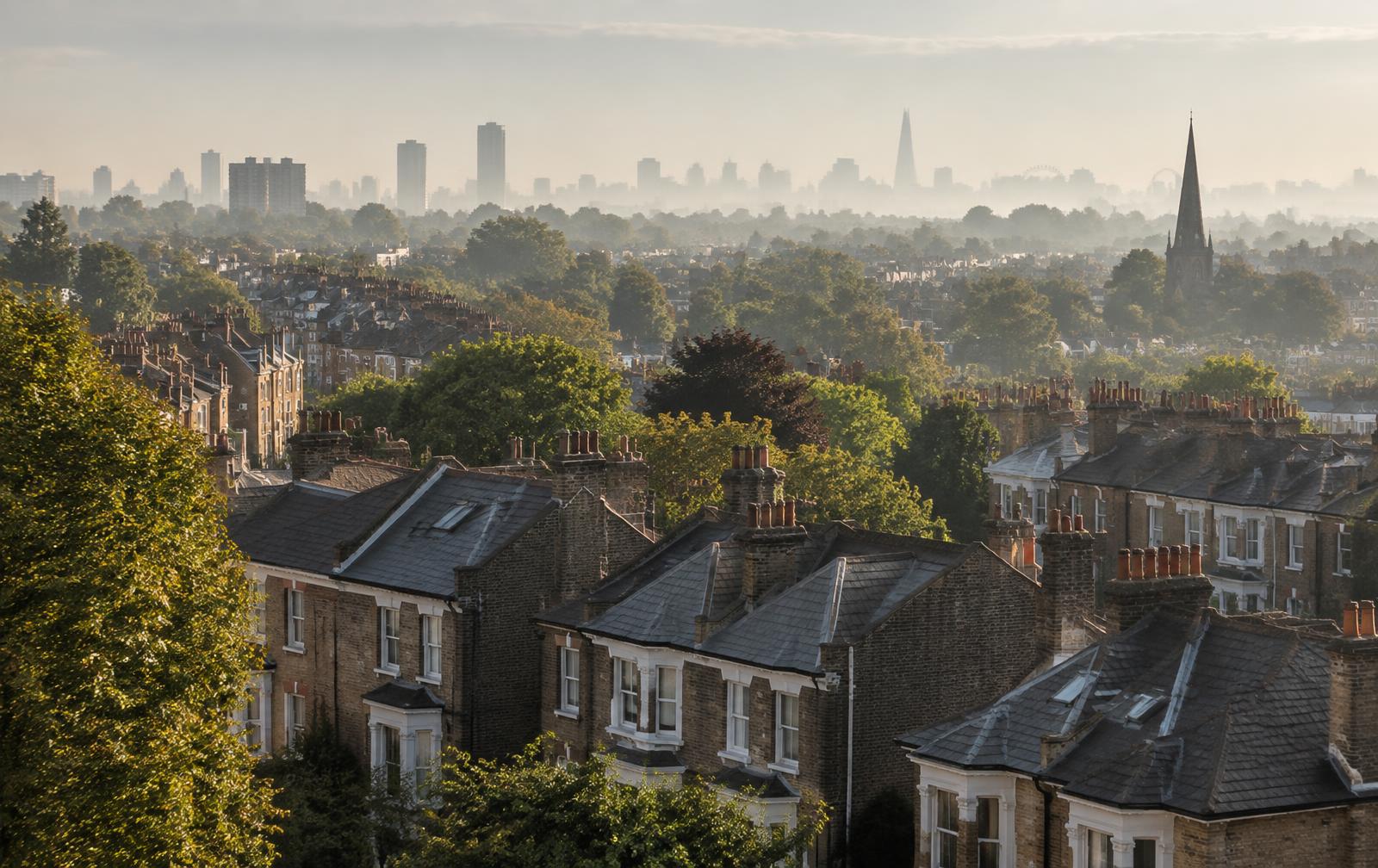 South London homes and skyline at dusk