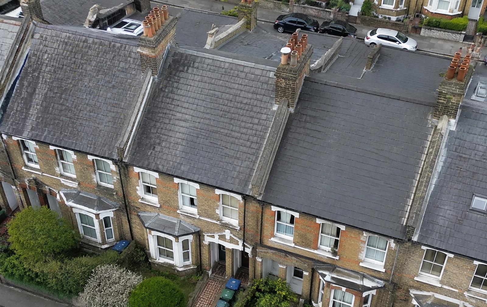 Aerial view of slate roofs on a London terrace